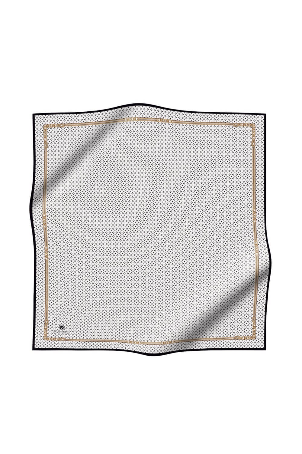 %57 İPEK %43 VİSKON Twill İpek Zincir Desenli Krem - Siyah Renkli 90x90 Eşarp Dikim Şekli : El Dikişi