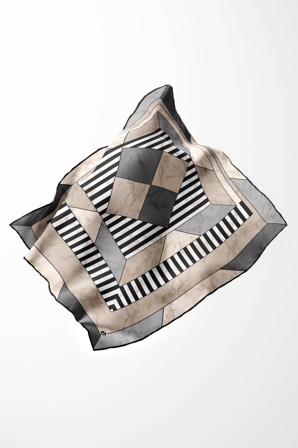 Twill Çizgili Geometrik Mermer Desenli Gri Renkli 90x90 Eşarp (İpek İçermez) Kenar Dikiş Şekli El Dikişli