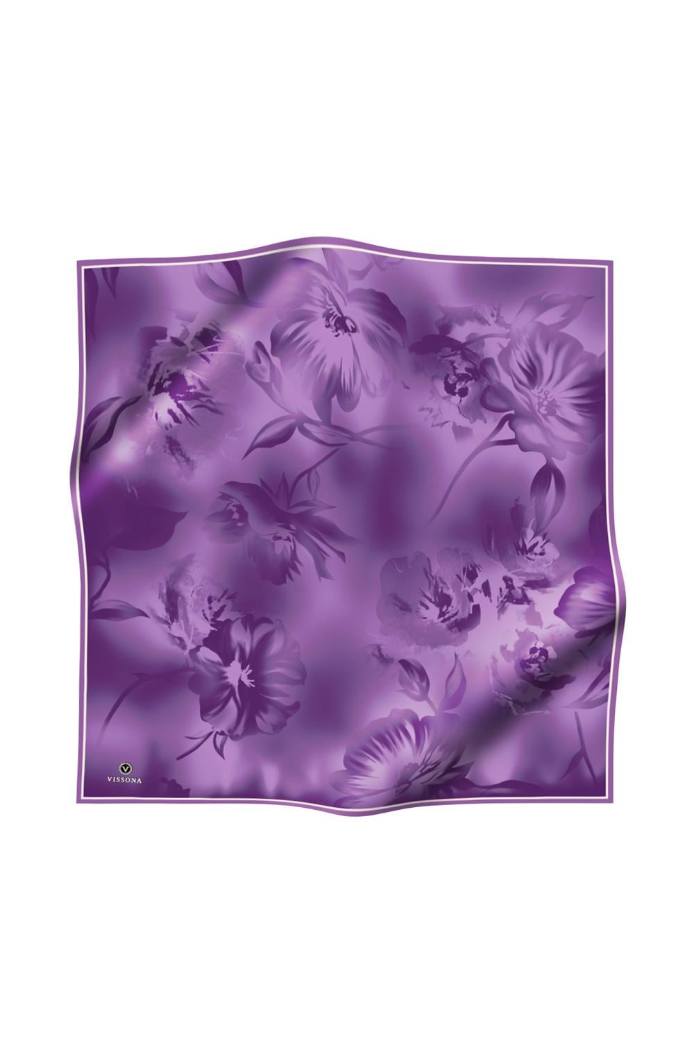 100% Twill İpek Çiçek Desenli Lila Renkli 90x90 Dikim Şekli : El Dikişi Eşarp
