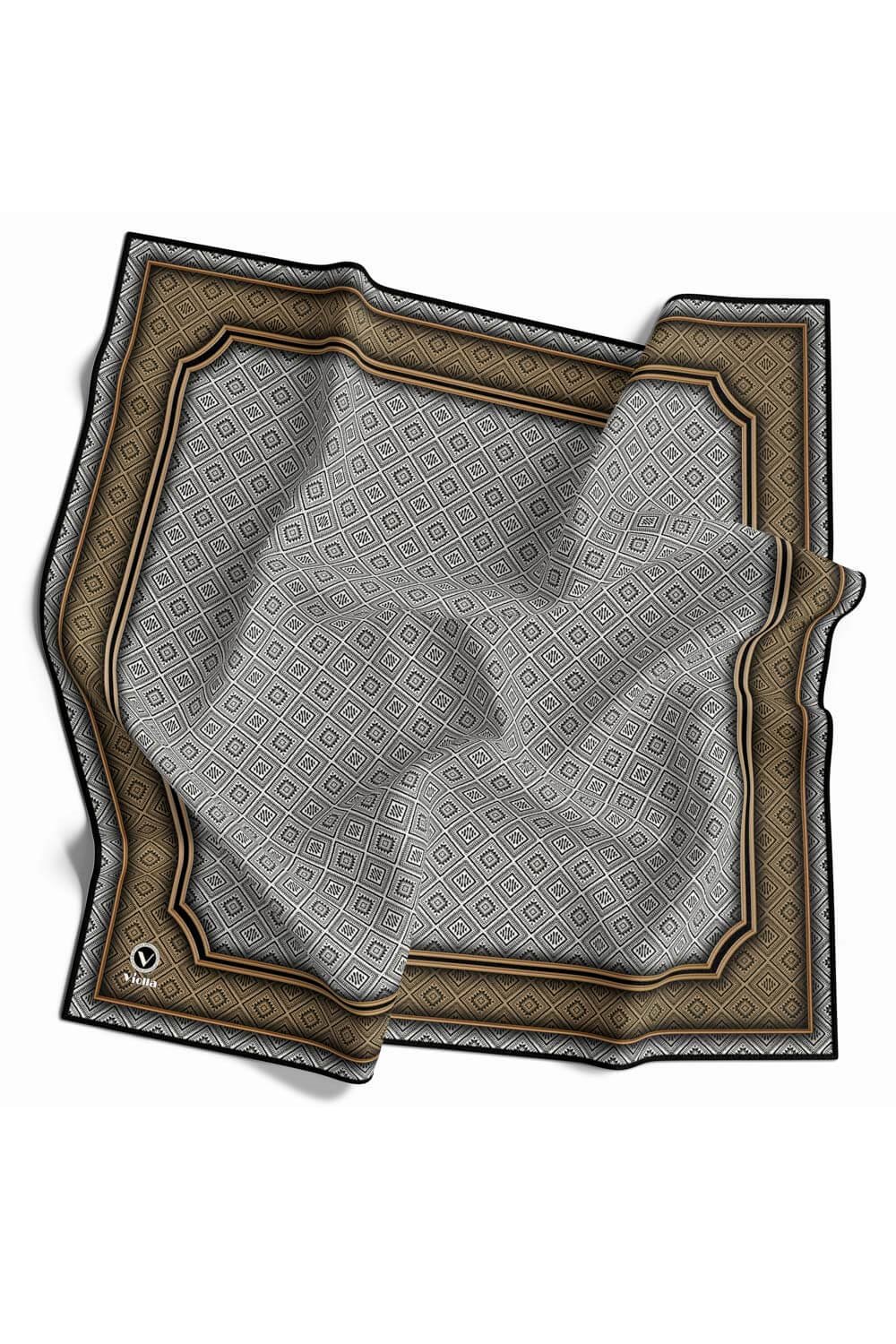 Twill Geometrik Çıtır Desenli Bej Renkli 90x90 Eşarp (İpek İçermez) Kenar Dikiş Şekli El Dikişli