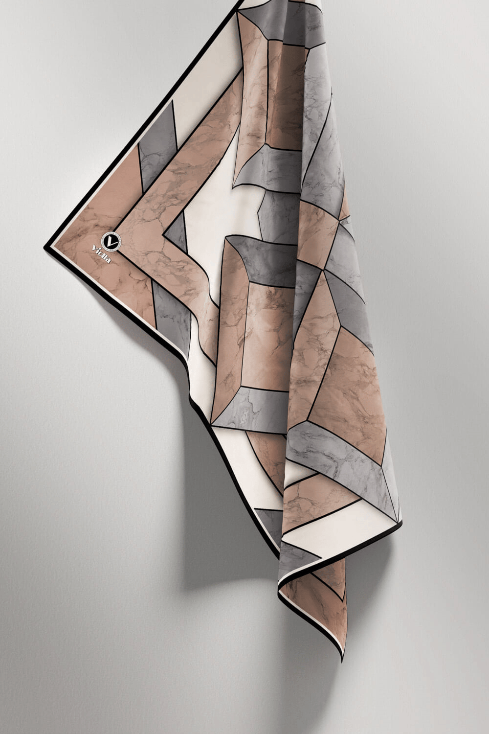 Twill Mermer Desenli Gri - Bej Renkli 90x90 Eşarp (İpek İçermez) Kenar Dikiş Şekli El Dikişli