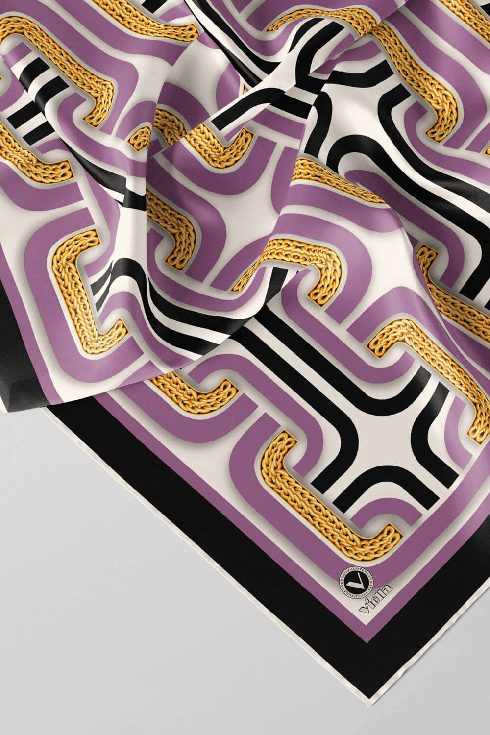 Twill Geometrik Zincir Desenli Lila Renkli 90x90 Eşarp (İpek İçermez) Kenar Dikiş Şekli El Dikişli