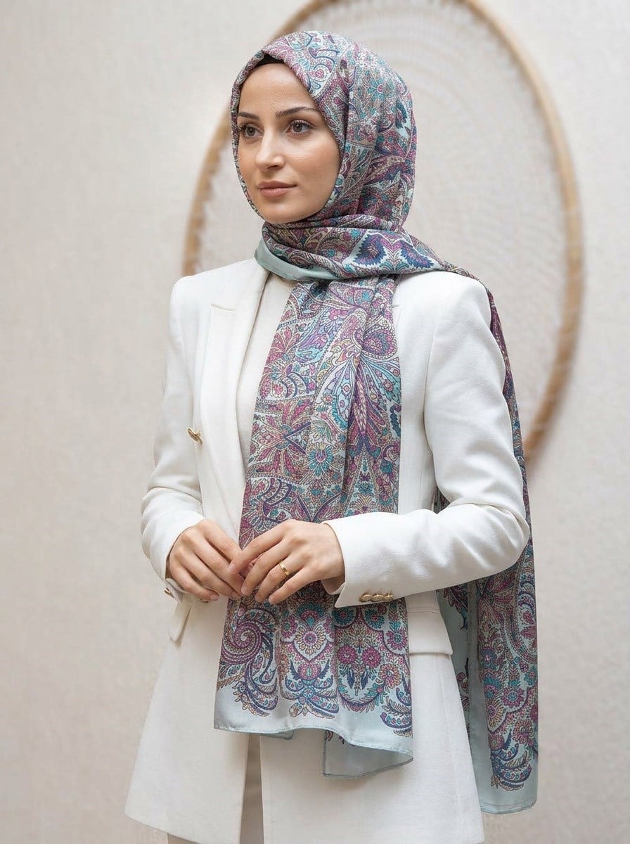 100% İpek Etro Desenli Su Yeşili - Mürdüm Renkli 92x210 Şal