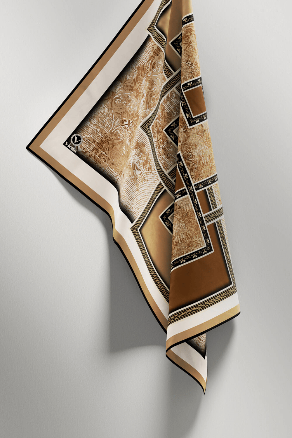 Twill Geometrik Desenli Hardal Renkli 90x90 Eşarp (İpek İçermez) Kenar Dikiş Şekli El Dikişli