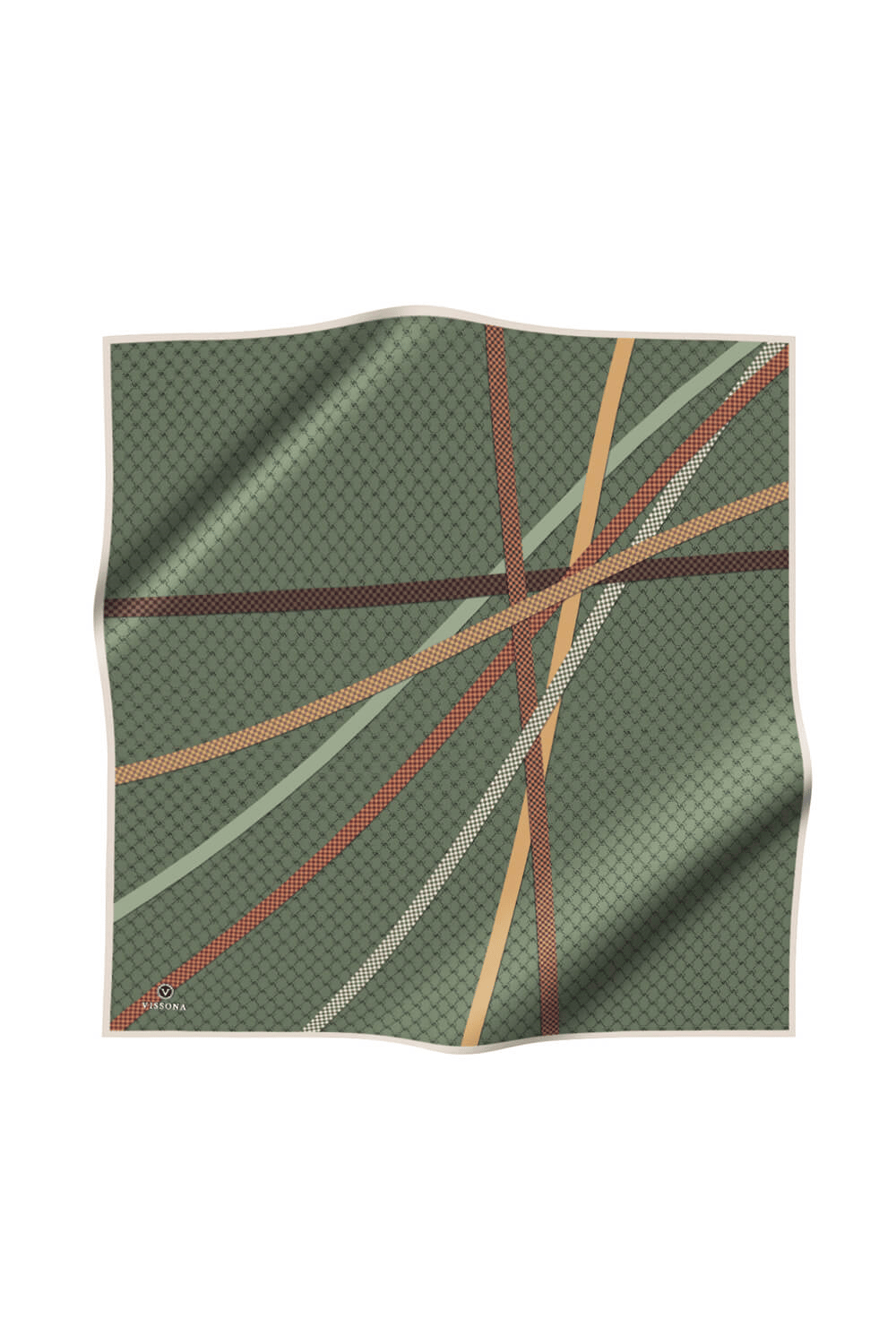 %57 İPEK %43 VİSKON Twill İpek Monogram Ve Şerit Desenli Haki - Taba  Renkli 90x90 Eşarp Dikim Şekli : El Dikişi