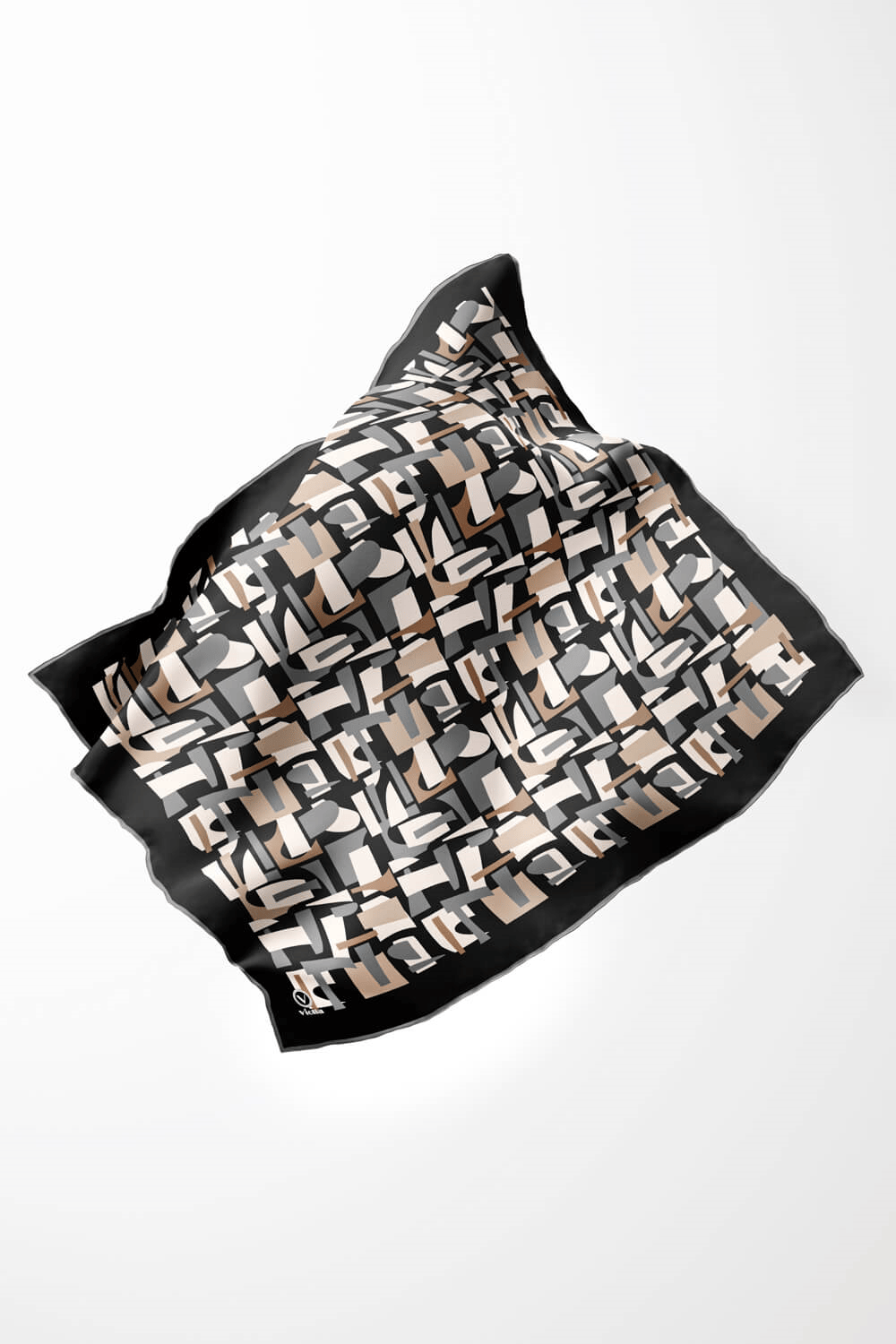 Twill Geometrik Desenli Bej - Gri Renkli 90x90 Eşarp (İpek İçermez) Dikim Şekli : El Dikişi
