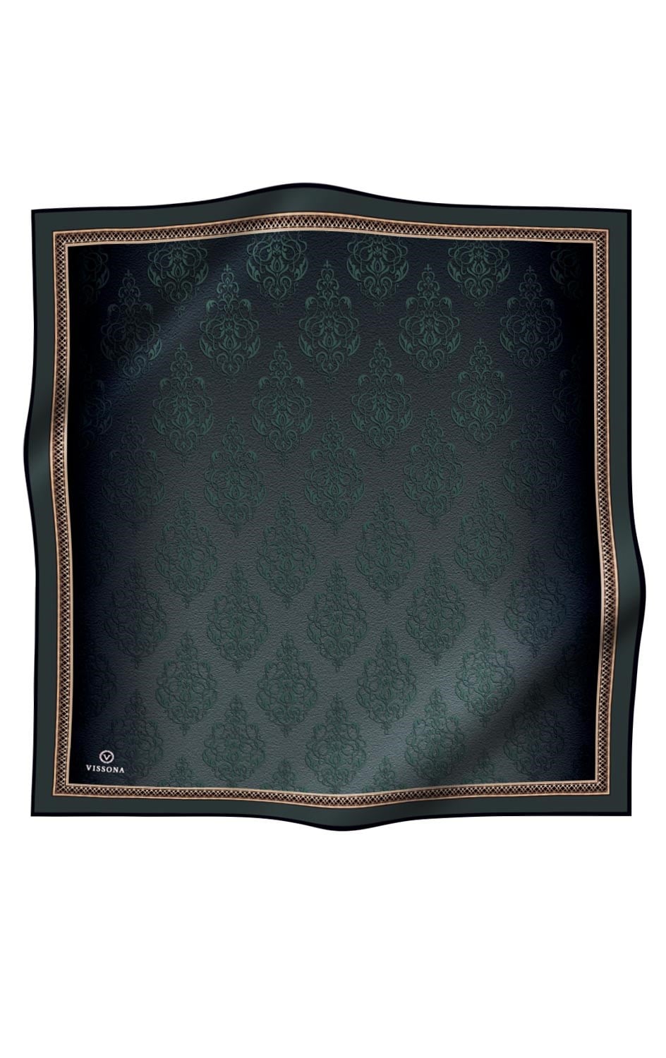 %100 Twill Barok Desenli Zümrüt Yeşili Renkli 90x90 Eşarp Dikim Şekli: El Dikişi