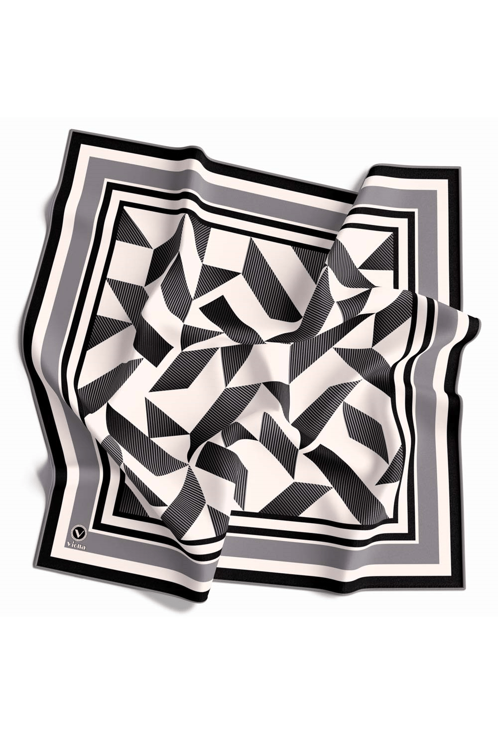 Twill Geometrik Desenli Gri Renkli 90x90 Eşarp (İpek İçermez) Kenar Dikiş Şekli El Dikişli