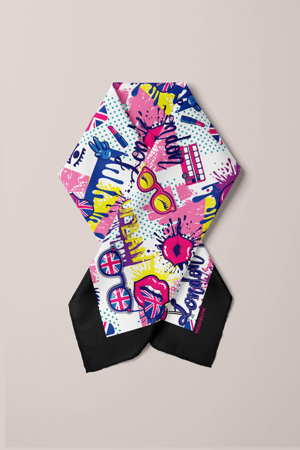 V28 Kadın Pembe Mavi London Desen Desenli 50x50 Bandana HYL DG0774-22