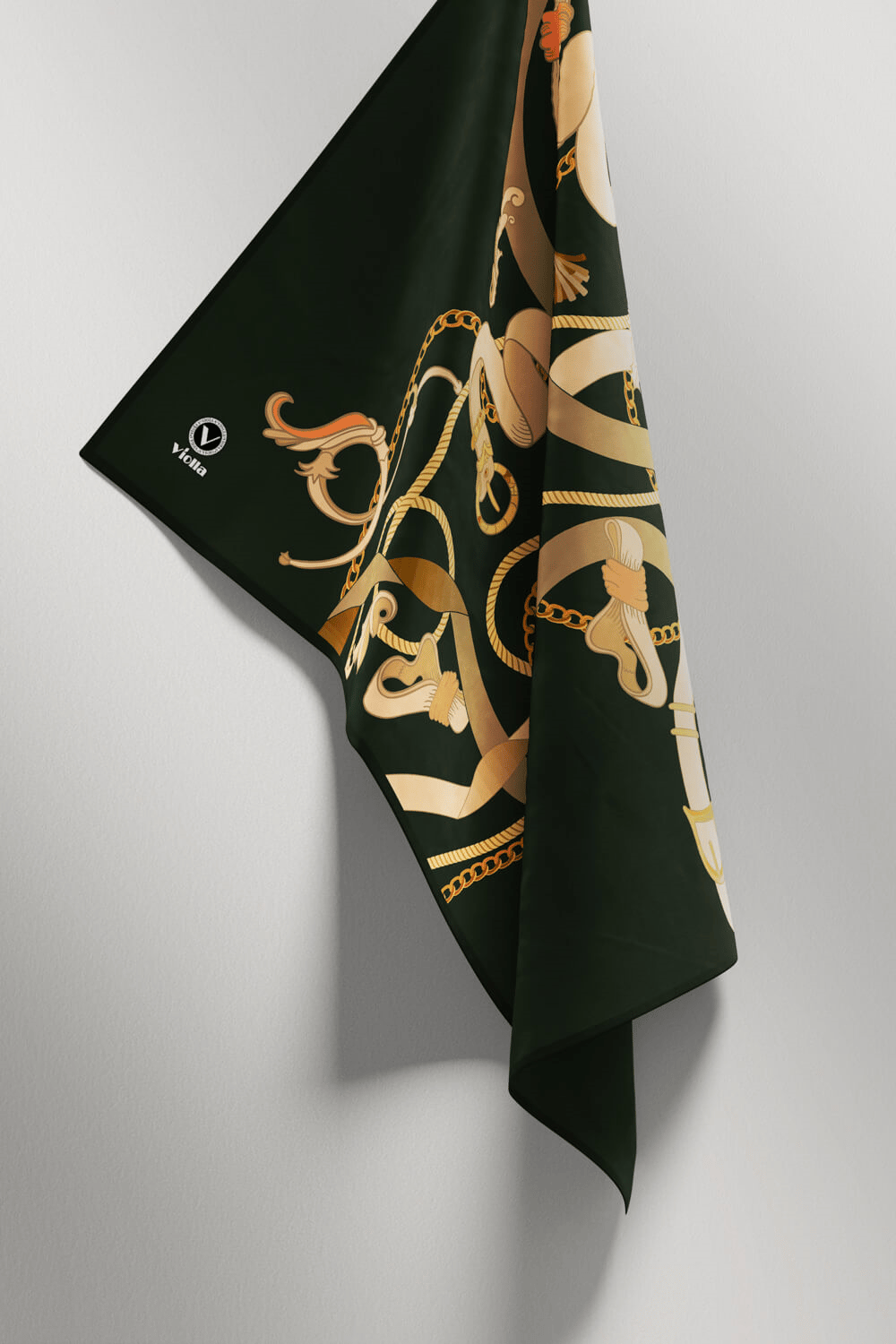 Twill Kemerli Ve Zincir Desenli Zümrüt Yeşili Renkli 90x90 Eşarp (İpek İçermez) Kenar Dikiş Şekli El Dikişli