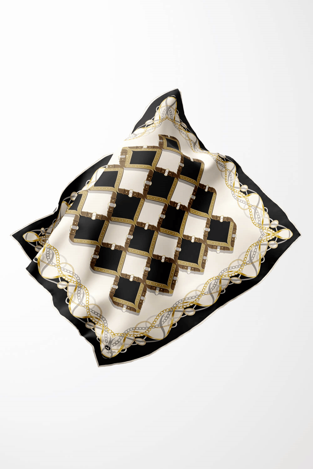 Twill Kemer Ve Zincir Desenli Siyah Renkli 90x90 Eşarp (İpek İçermez) Kenar Dikiş Şekli El Dikişli