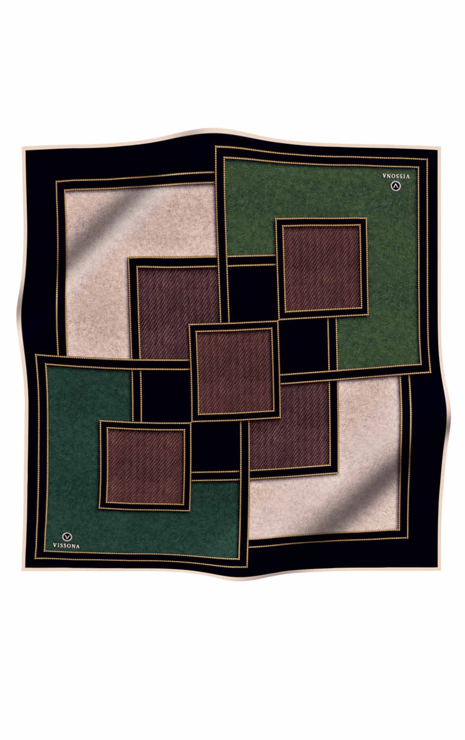 100% Twill İpek Gold Detaylı Kare Desenli Siyah - Zümrüt Yeşili Renkli 90x90 Dikim Şekli : El Dikişi