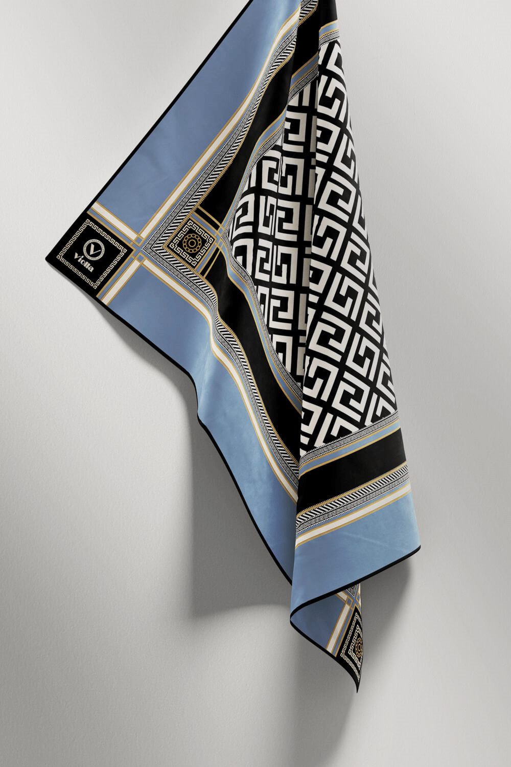 Twill Antik Desenli Bebe Mavisi Renkli 90x90 Eşarp (İpek İçermez) Kenar Dikiş Şekli El Dikişli
