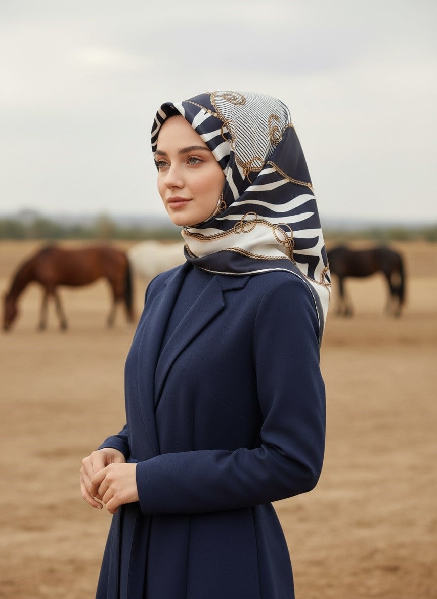 %100 Twill İpek Zincirli Ve Zebra Desenli Lacivert - Krem Renkli 90x90 Eşarp Dikim Şekli : El Dikişi