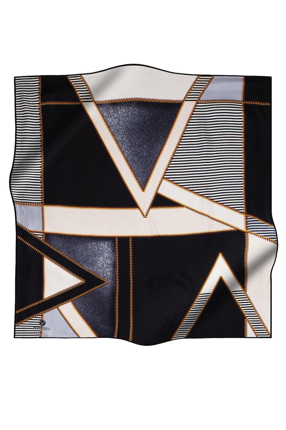 %100 Twill İpek Geometrik Desenli Gümüş - Siyah Renkli 90x90 Eşarp Dikim Şekli : El Dikişi