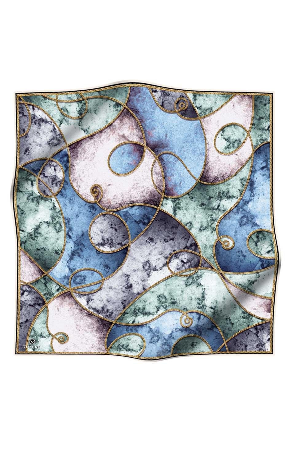 %100 Twill İpek Zincirli Mermer Desenli İndigo - Mint Yeşili Renkli 90x90 Eşarp Dikim Şekli : El Dikişi