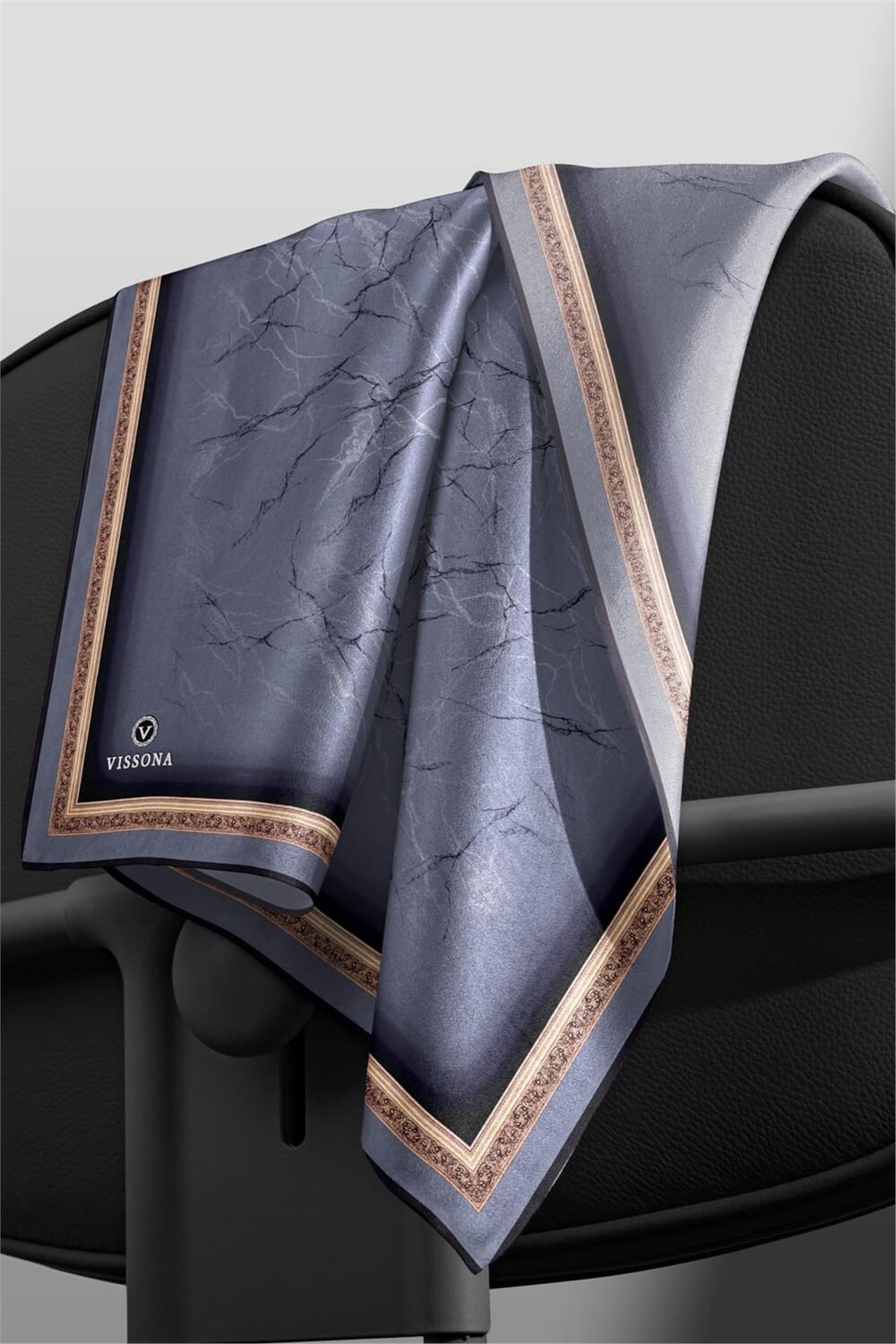 %100 Twill İpek Mermer Desenli Gri Renkli 90x90 Eşarp Dikim Şekli : El Dikişi