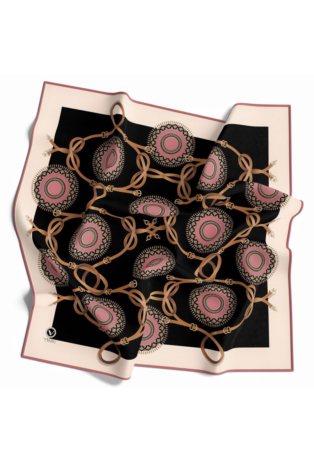 Twill Kemerli Ve Geometrik Desenli Gül Kurusu Renkli 90x90 Eşarp (İpek İçermez) Kenar Dikiş Şekli El Dikişli