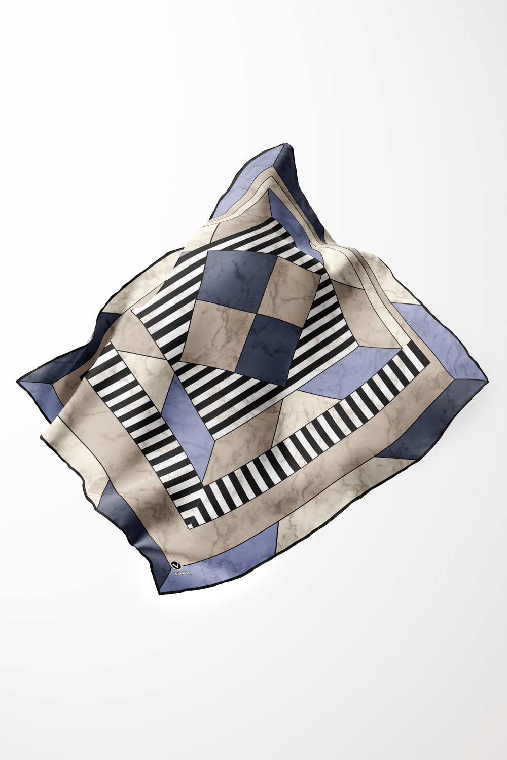Twill Çizgili Geometrik Mermer Desenli İndigo Renkli 90x90 Eşarp (İpek İçermez) Kenar Dikiş Şekli El Dikişli