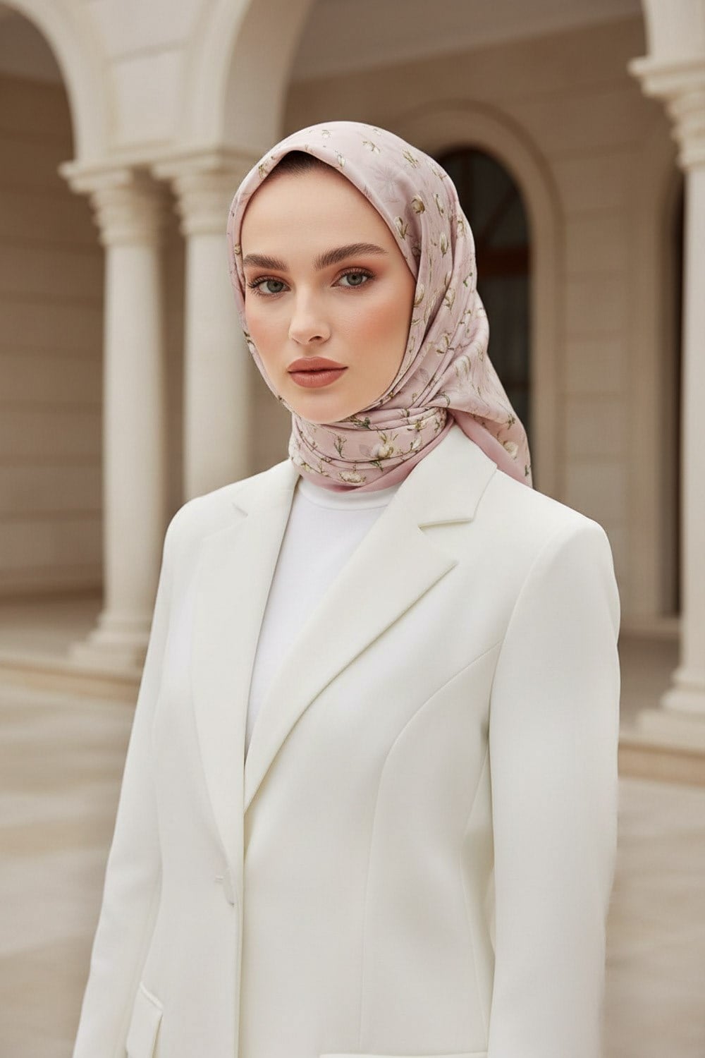 %100 Twill İpek Çiçek Desenli Pudra Renkli 90x90 Eşarp Dikim Şekli : El Dikişi
