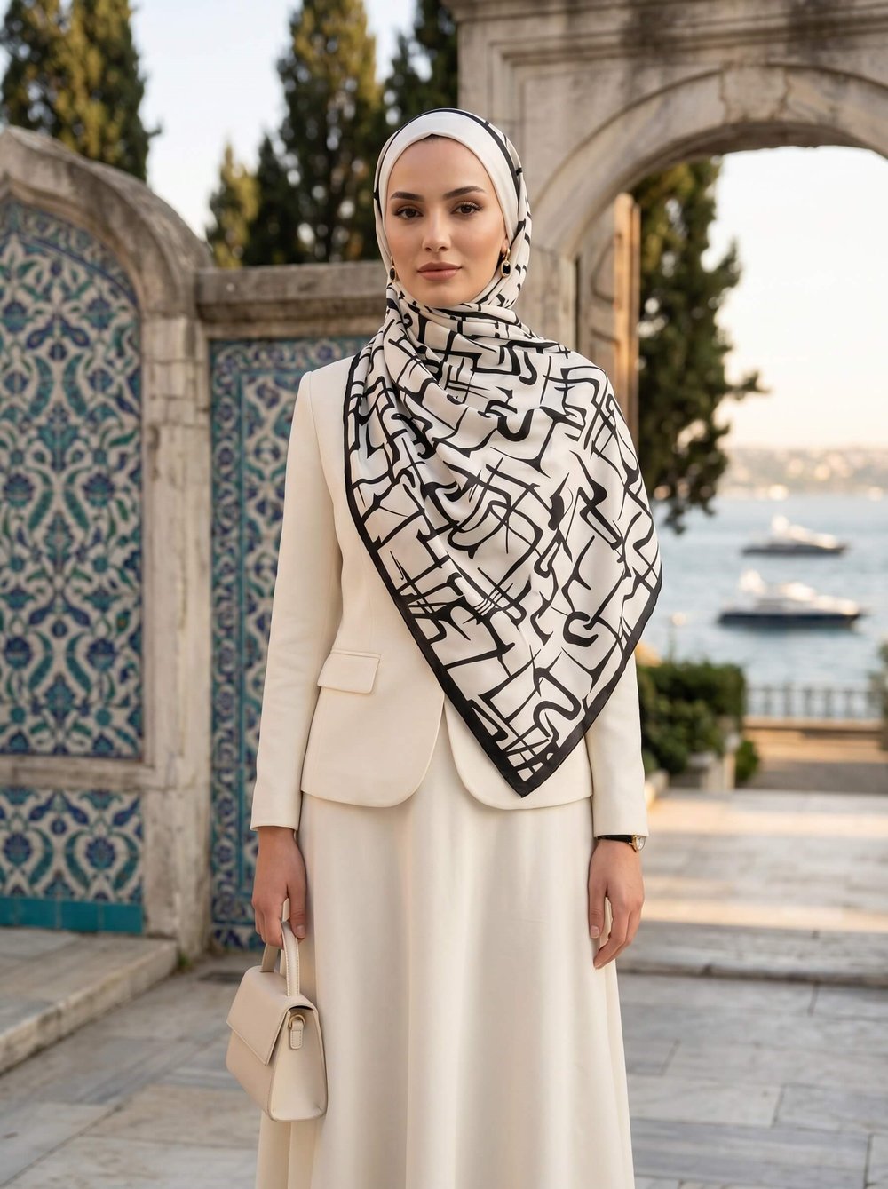 100% İPEK ÇİZGİLİ DESENLİ KREM RENKLİ ŞAL