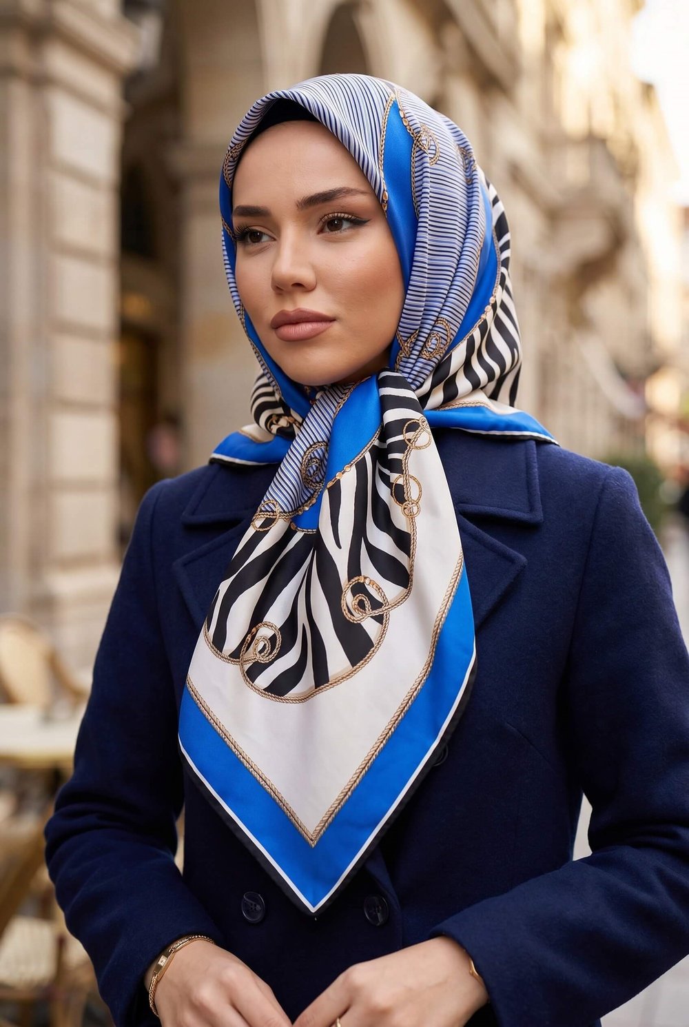 %100 Twill İpek Zincirli Ve Zebra Desenli Saks - Lacivert Renkli 90x90 Eşarp Dikim Şekli : El Dikişi