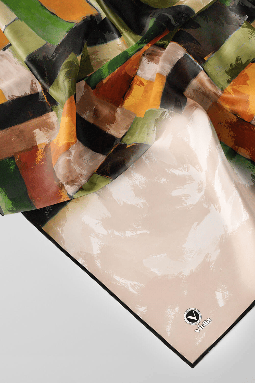 Twill Yağlı Boya Desenli Haki Renkli 90x90 Eşarp (İpek İçermez) Kenar Dikiş Şekli El Dikişli