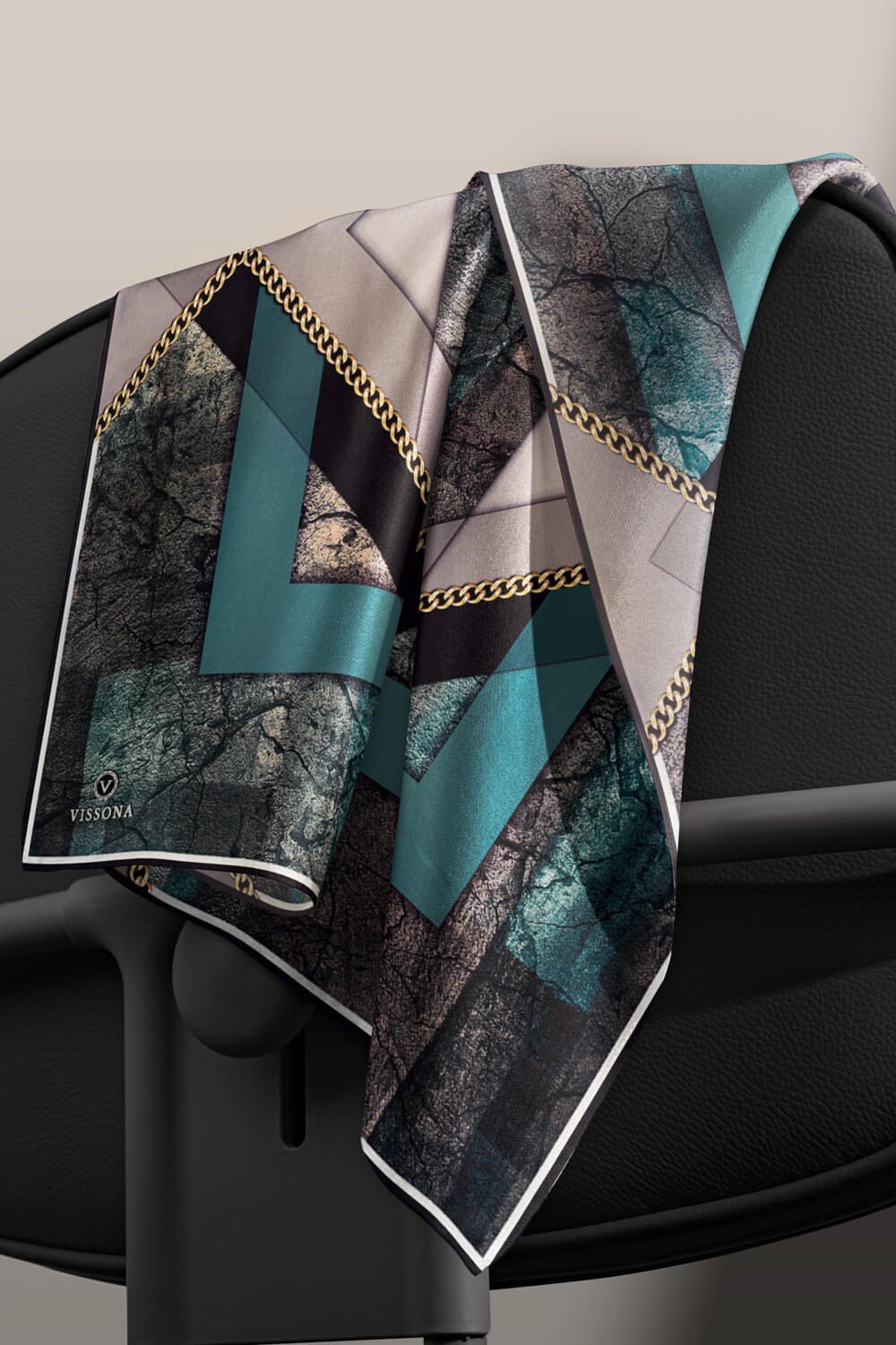 %100 Twill İpek Taş Efekti Desenli Petrol Mavisi - Siyah Renkli 90x90 Eşarp Dikim Şekli : El Dikişi
