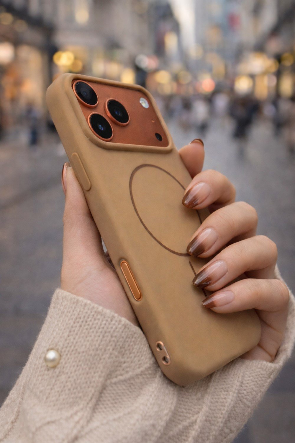 iPhone 17 Pro Uyumlu İçi Kadife Magsafe Wireless Şarj Özellikli Camel Renkli Telefon Kılıfı