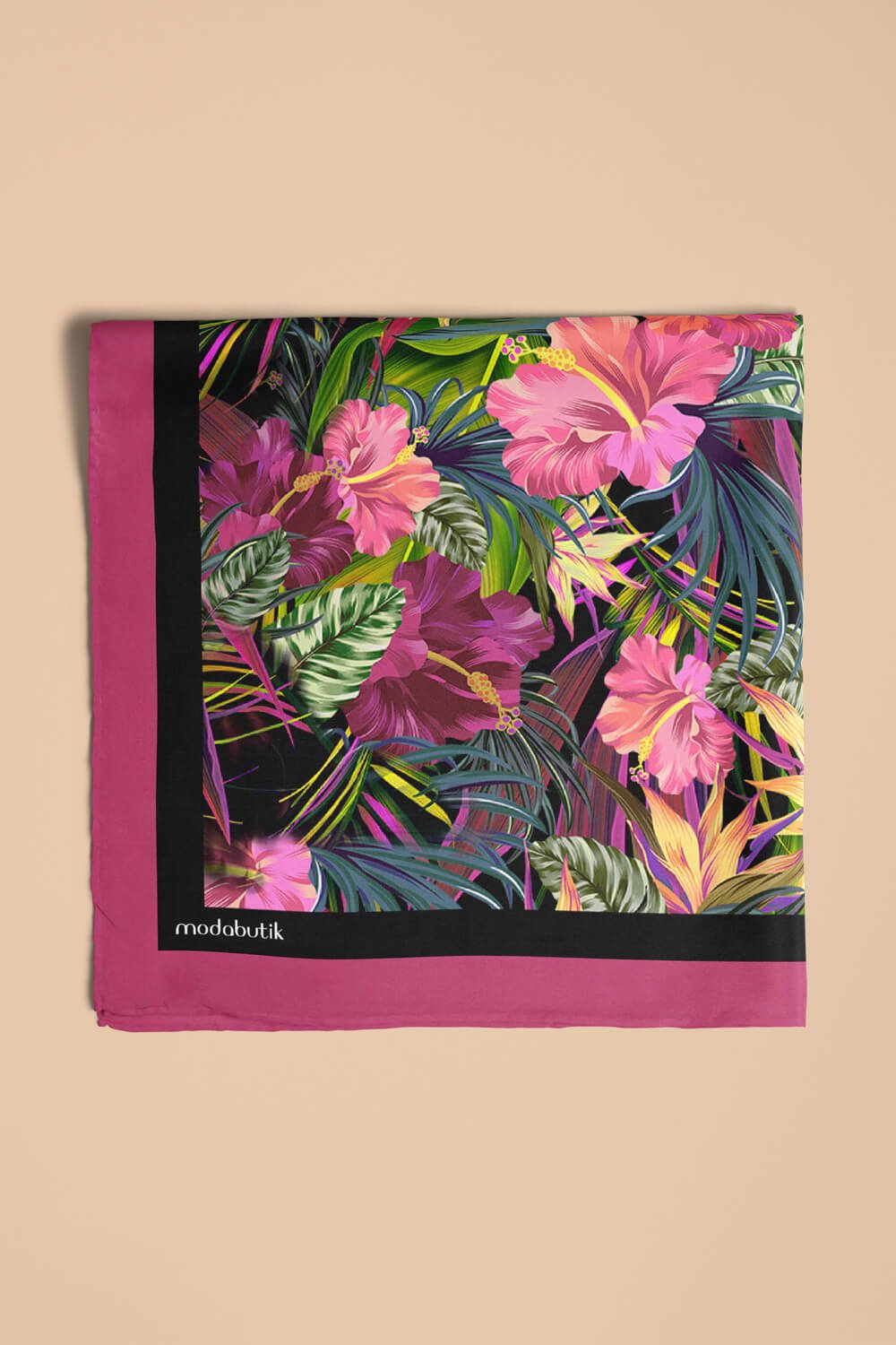 G39 Kadın Yeşil Pembe Çiçek Desenli 50x50 Bandana