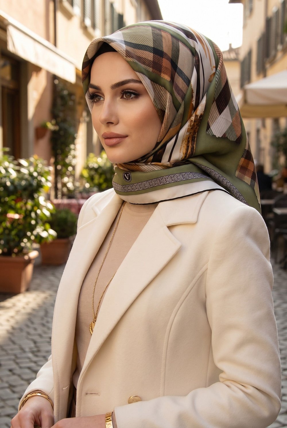 %100 Twill İpek Ekose Desenli Haki - Bakır Renkli 90x90 Eşarp Dikim Şekli : El Dikişi