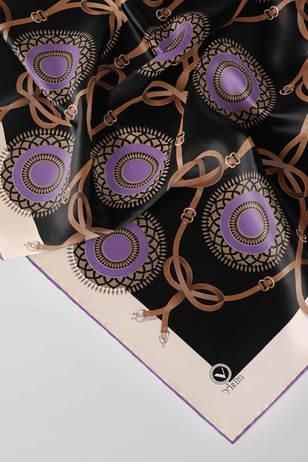 Twill Kemerli Ve Geometrik Desenli Lila Renkli 90x90 Eşarp (İpek İçermez) Kenar Dikiş Şekli El Dikişli
