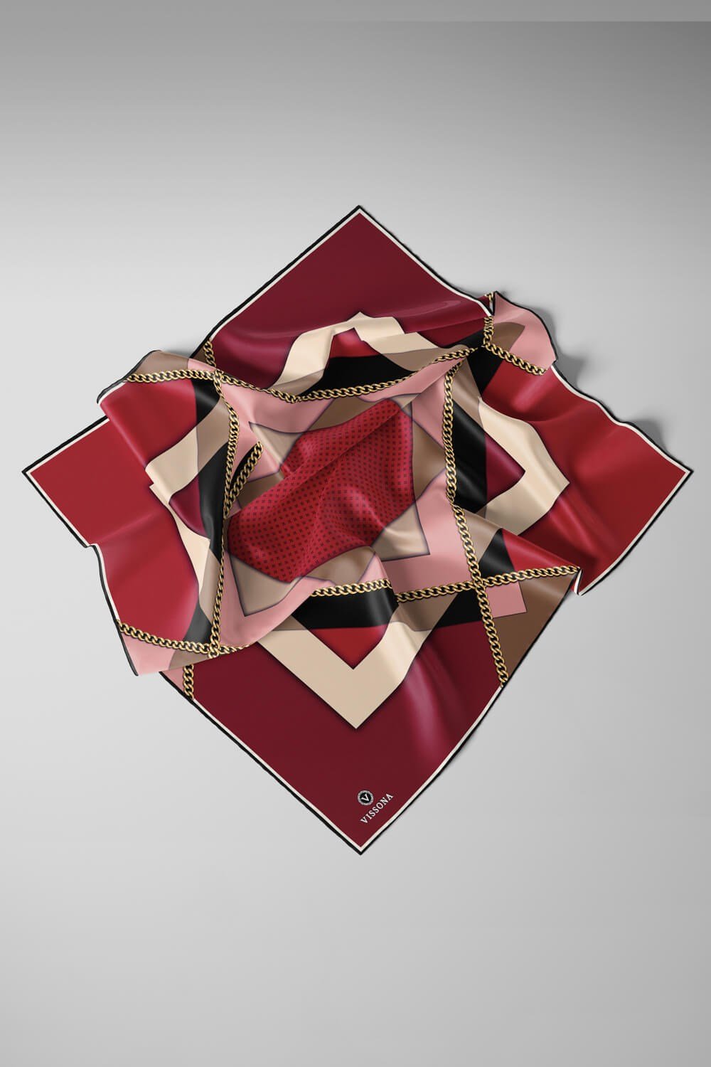 %100 Twill İpek Geometrik Desenli Bordo - Bej Renkli 90x90 Eşarp Dikim Şekli : El Dikişi
