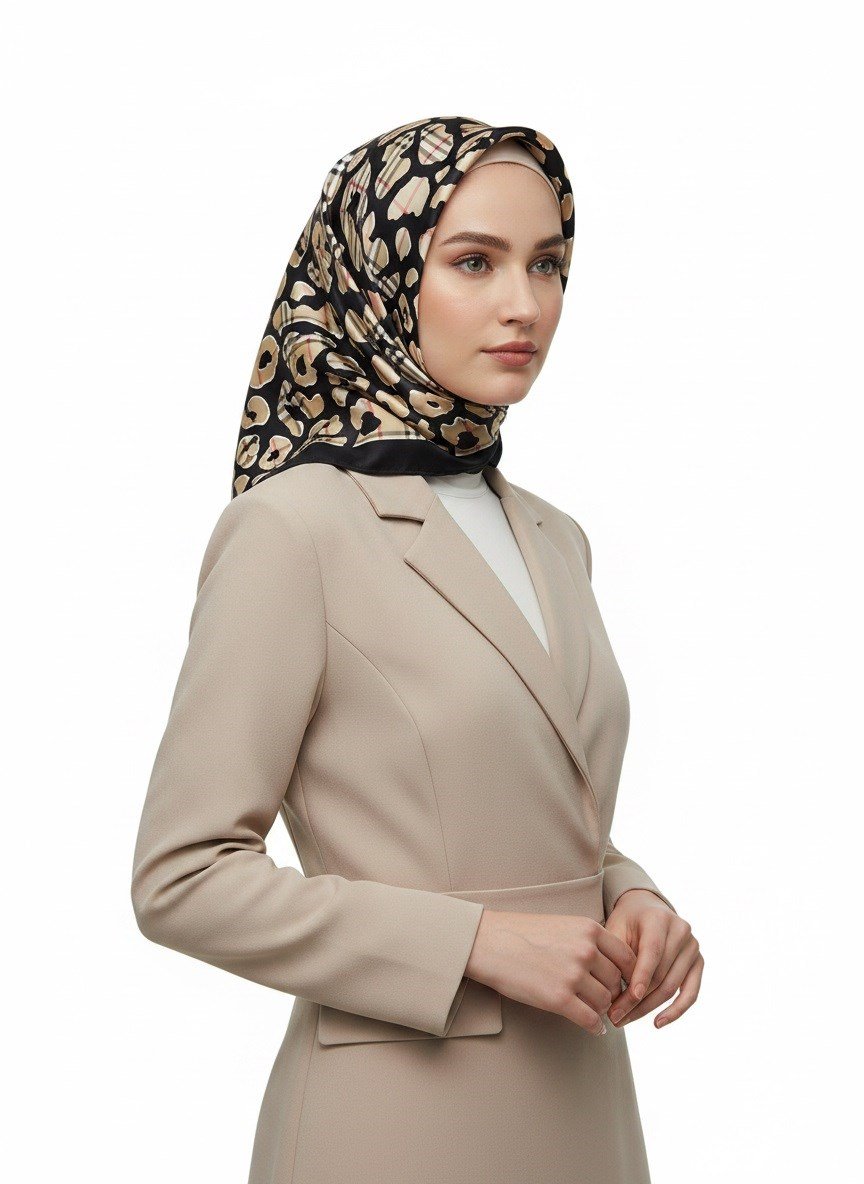 %100 Twill İpek Leopar Desenli Siyah - Bej Renkli 90x90 Eşarp Dikim Şekli : El Dikişi