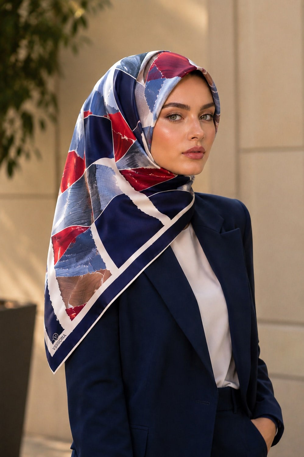 %100 Twill İpek Geometrik Desenli Lacivert - Kırmızı Renkli 90x90 Eşarp Dikim Şekli : El Dikişi