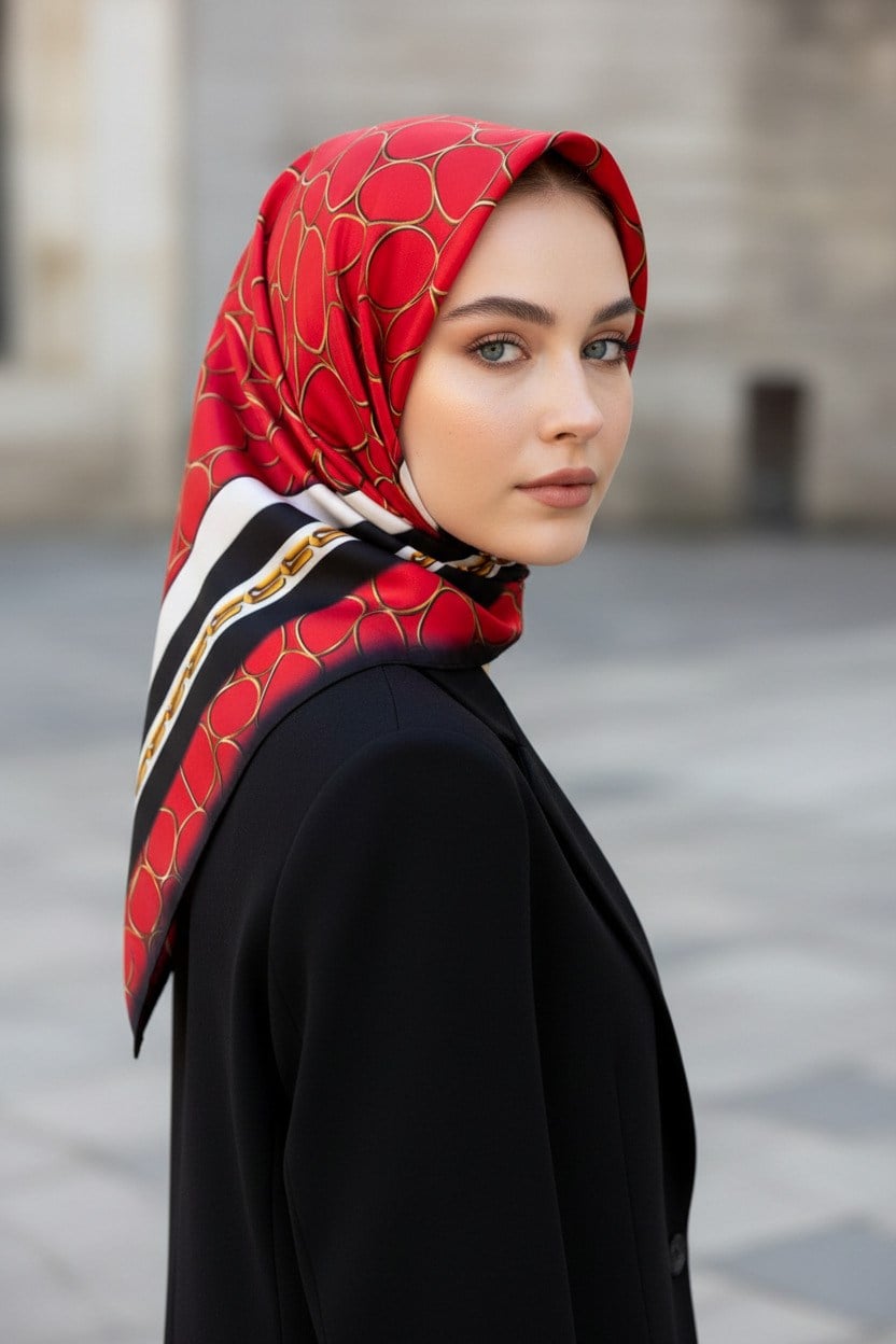 %100 Twill İpek Zincir Desenli Kırmızı - Siyah Renkli 90x90 Eşarp Kenar Dikiş Şekli El Dikişli