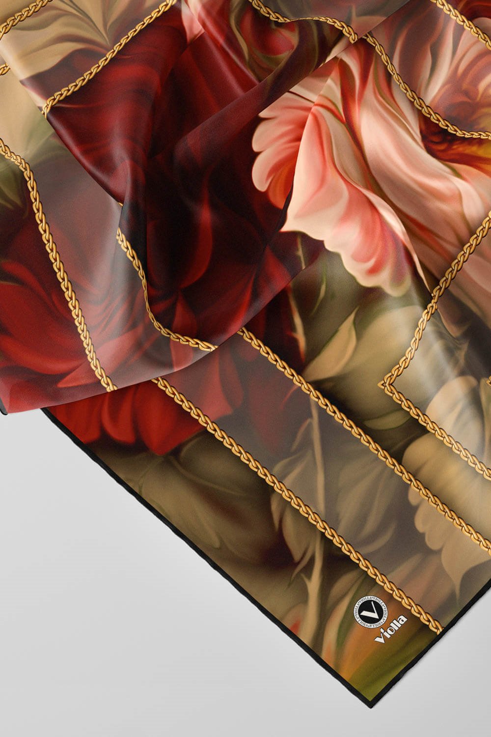 Twill Gül Desenli Bordo - Vizon Renkli 90x90 Eşarp (İpek İçermez) Kenar Dikiş Şekli El Dikişli