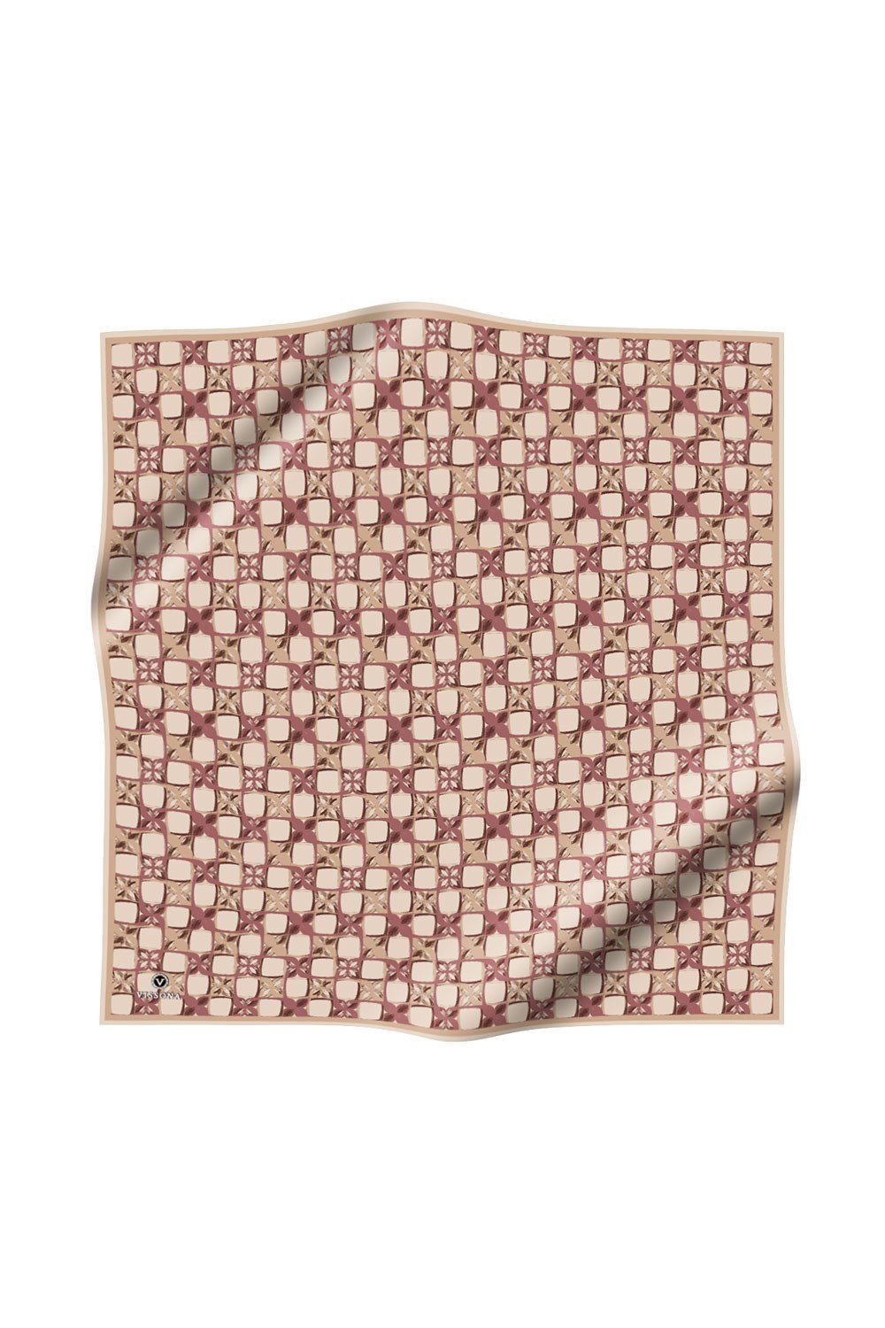 %100 Twill İpek Geometrik Desenli Bej - Gül Kurusu Renkli 90x90 Eşarp Dikim Şekli : El Dikişi
