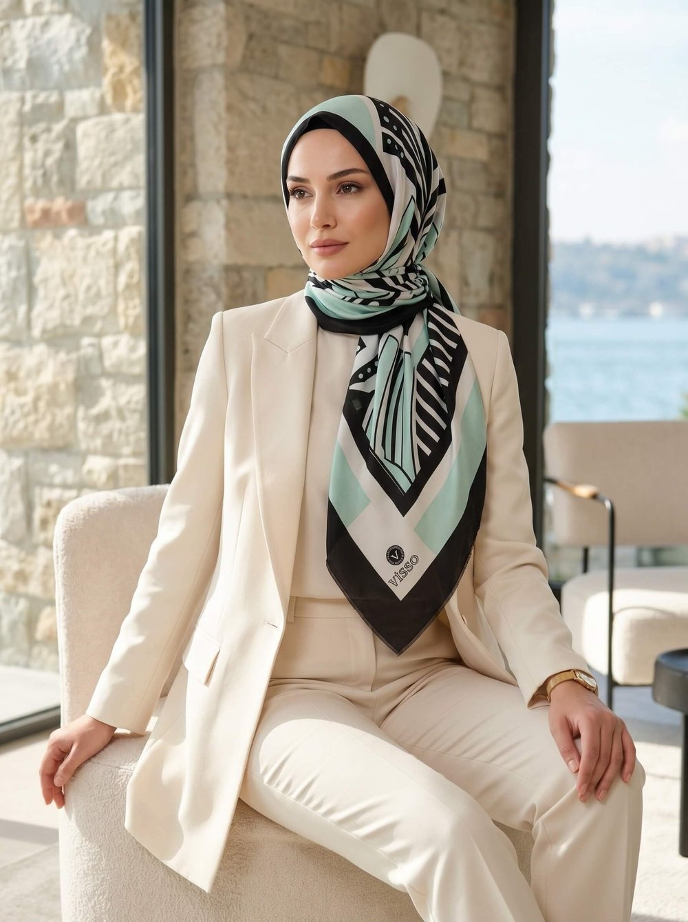 %100 İpek Yelpaze Desenli Su Yeşili - Siyah Renkli 92x210 Şal