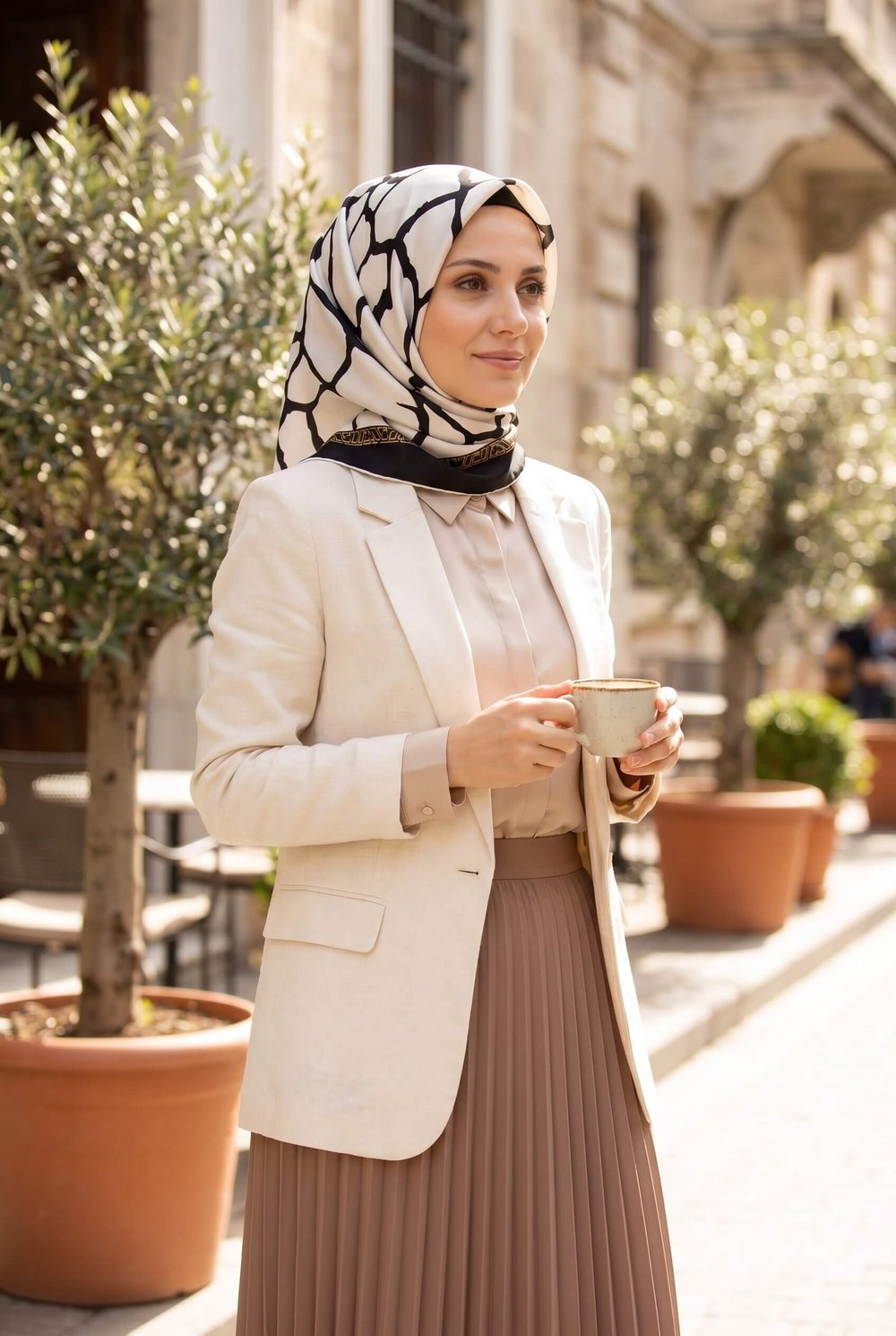 %100 Twill Taş Desenli Krem - Siyah Renkli 90x90 Eşarp Dikim Şekli: El Dikişi