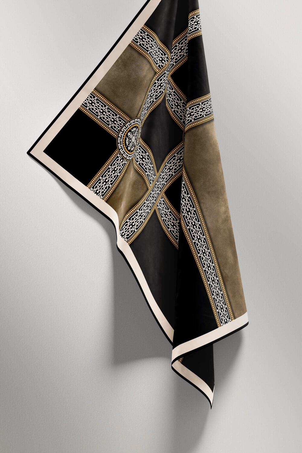 Twill Geometrik Desenli Vizon Renkli 90x90 Eşarp (İpek İçermez) Kenar Dikiş Şekli El Dikişli