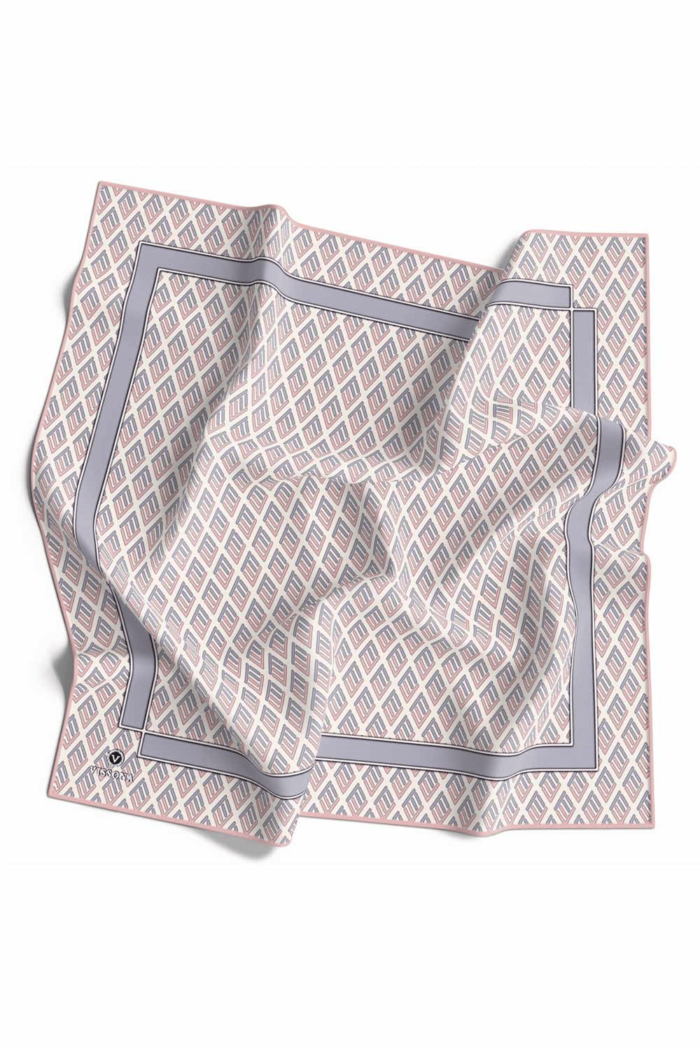 % 57 İPEK % 43 VİSKON Twill İpek Geometrik Desenli Pudra - Gri Renkli 90x90 Eşarp Dikim Şekli : El Dikişi