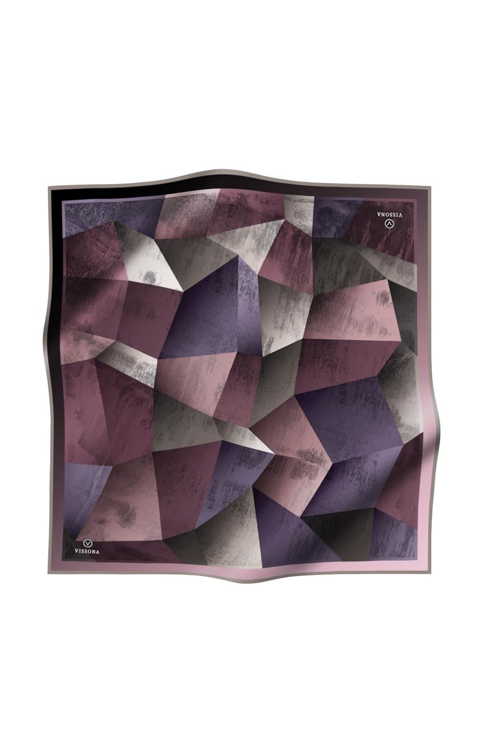 %100 Twill İpek Geometrik Desenli Lila - Pembe Renkli 90x90 Eşarp Dikim Şekli : El Dikişi