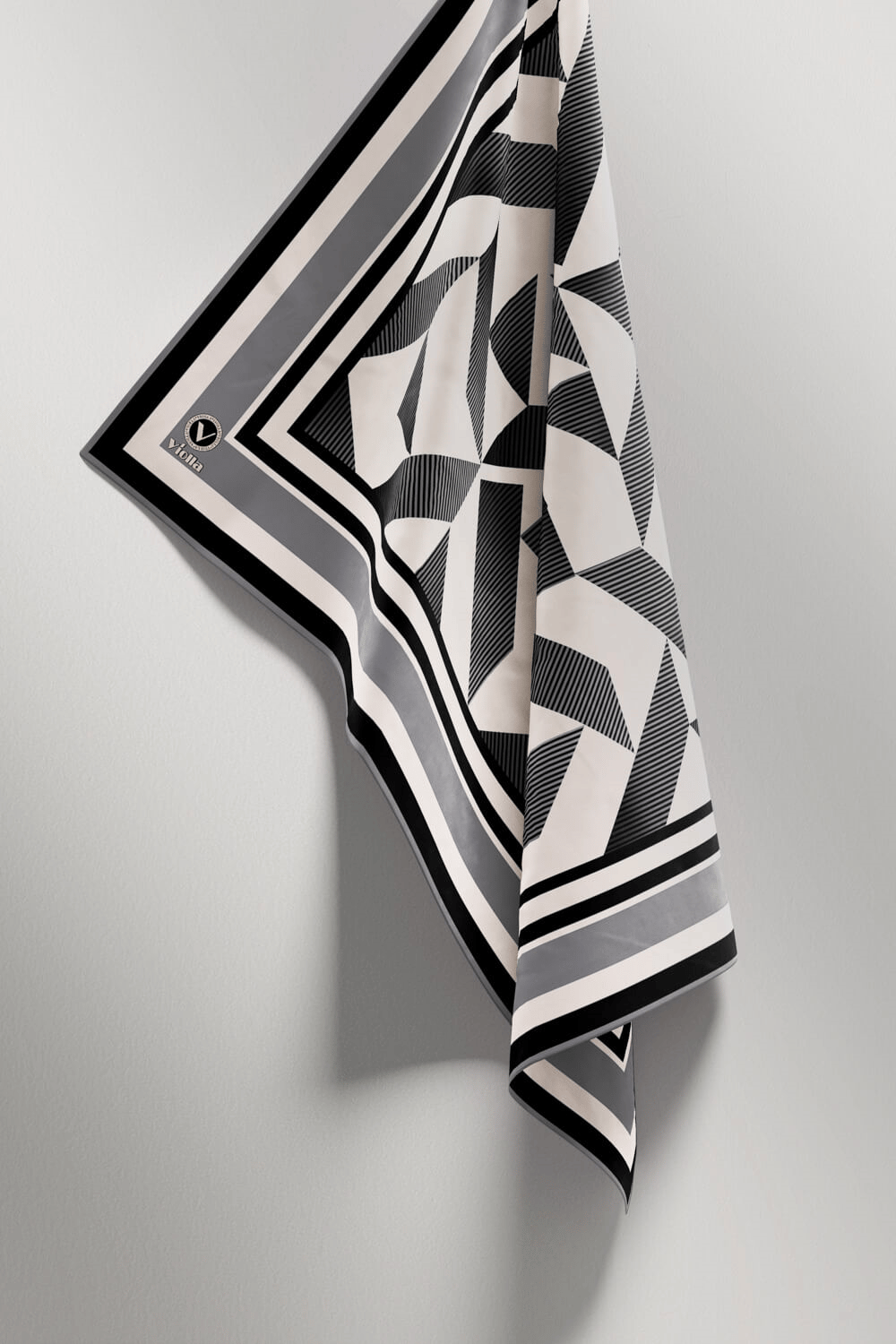 Twill Geometrik Desenli Gri Renkli 90x90 Eşarp (İpek İçermez) Kenar Dikiş Şekli El Dikişli
