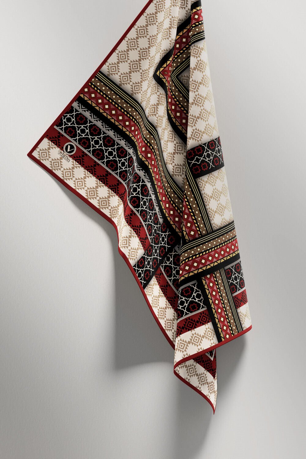 Twill Etnik Desenli Bordo Renkli 90x90 Eşarp (İpek İçermez) Kenar Dikiş Şekli El Dikişli