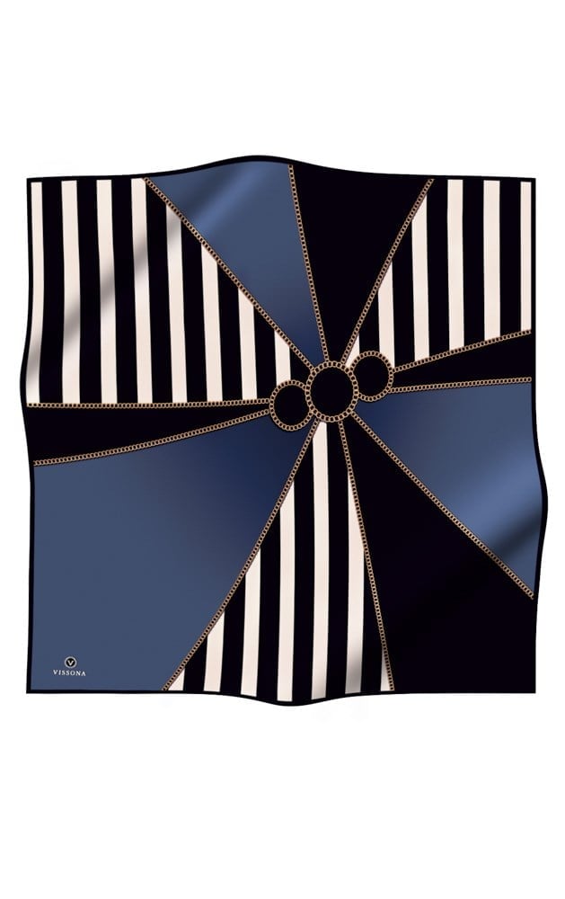 %100 Twill İpek Zincirli Çizgi Desenli Siyah - İndigo Renkli 90x90 Eşarp Dikim Şekli : El Dikişi
