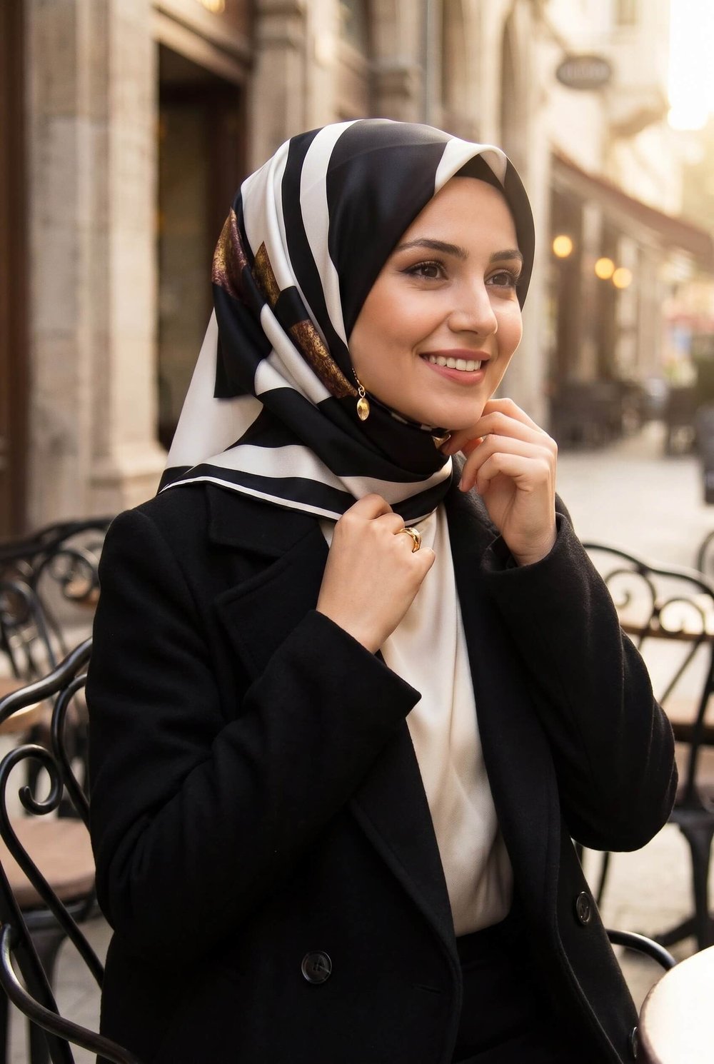 %100 Twill İpek Karo Desenli Siyah - Krem Renkli 90x90 Eşarp Dikim Şekli : El Dikişi