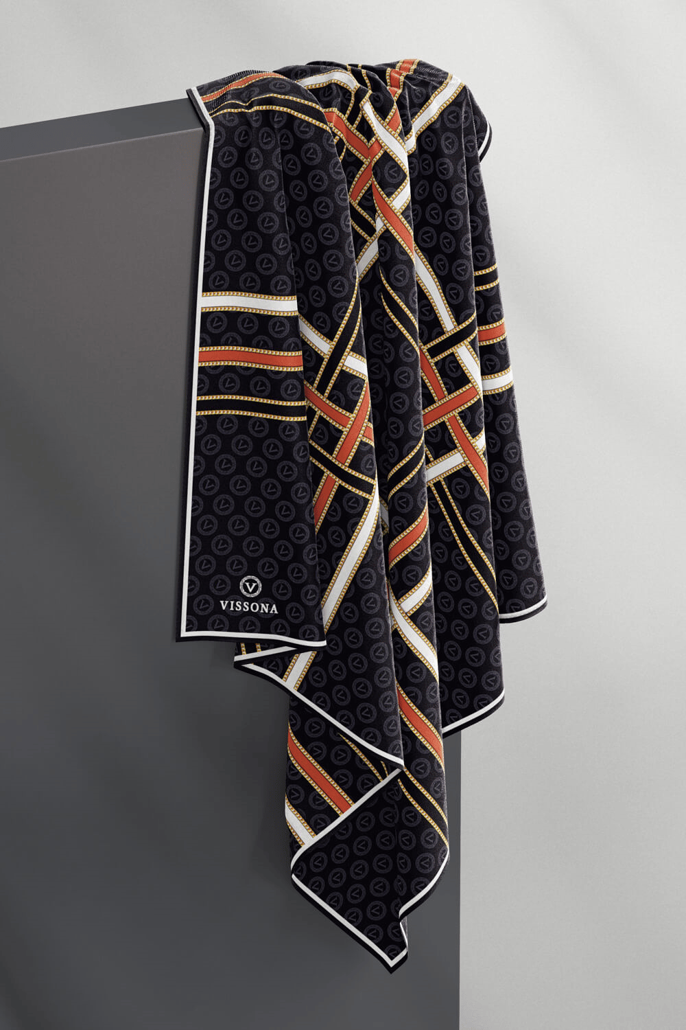 %100 Twill İpek Gold Şeritli Monogram Desenli Siyah - Taba Renkli 90x90 Eşarp Dikim Şekli : El Dikişi