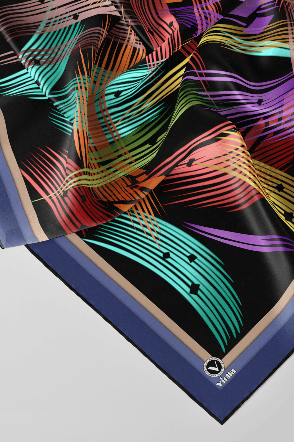 Twill Geometrik Desenli İndigo Renkli 90x90 Eşarp (İpek İçermez) Kenar Dikiş Şekli El Dikişli