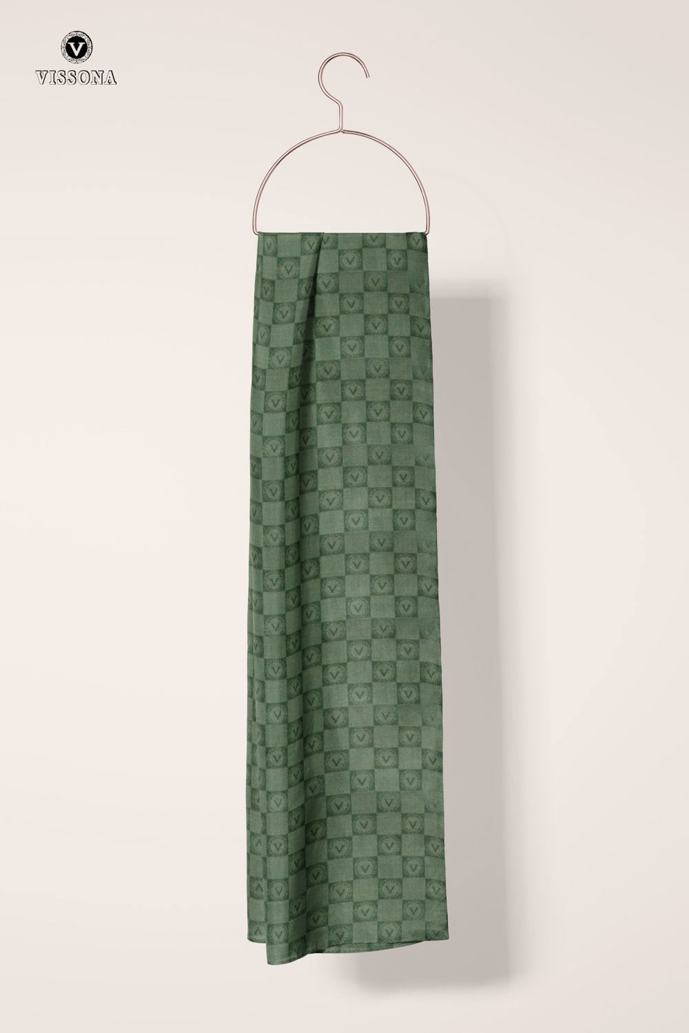 Vissona %57 İPEK %43 PAMUK Monogram Desenli Haki Yeşili Renkli Şal -  70x190 Dikiş Tipi İtalyan Dikişli
